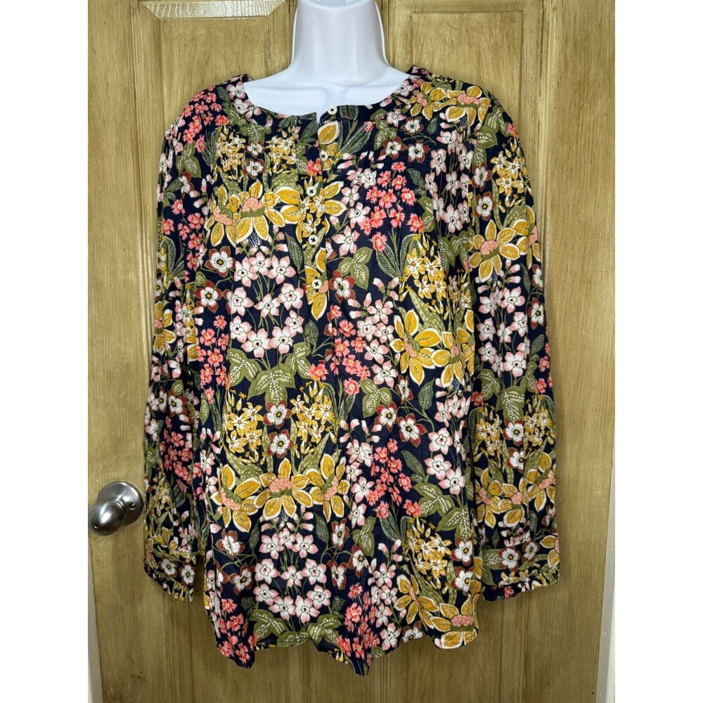 Talbots Plus Floral Popover Blouse 2X Long Sleeve Cotton Tunic